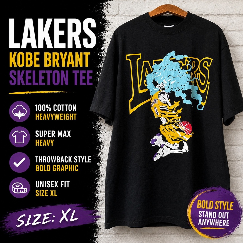 Shaka Wear Mens Kobe Bryant Skeleton Lakers T-Shirt Black Super Max Heavy XL